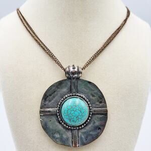 Boho Silver Turquoise Pendant Inlay Hammered Setting Long Double Chain Necklace